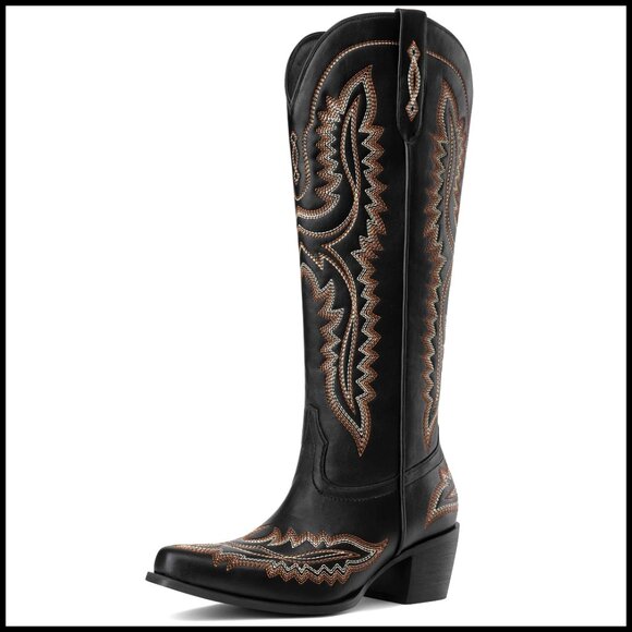 Western Knee High Boots Pointed Toe Chunky Heel Retro Cowgirl Style